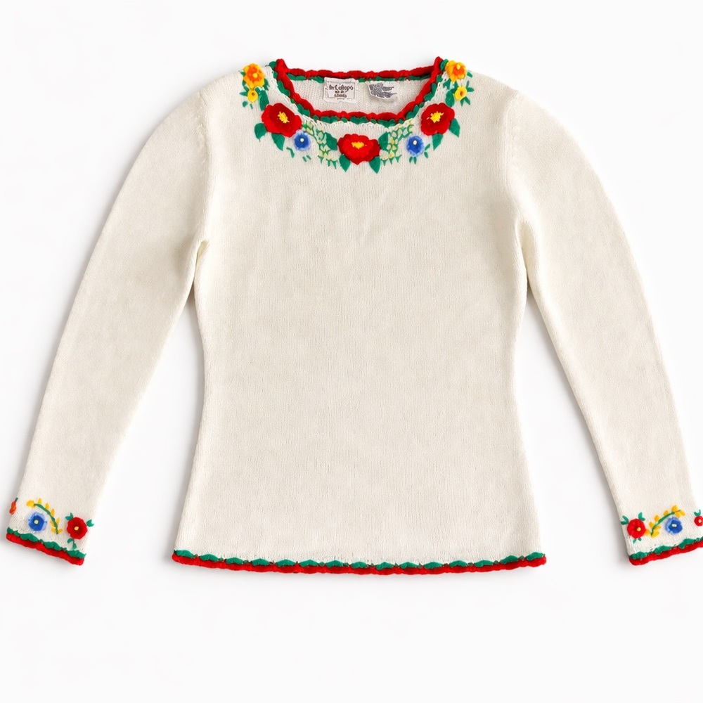 Vintage Cream Embroidered Floral Sweater Boho Folk Cottagecore Knit Top